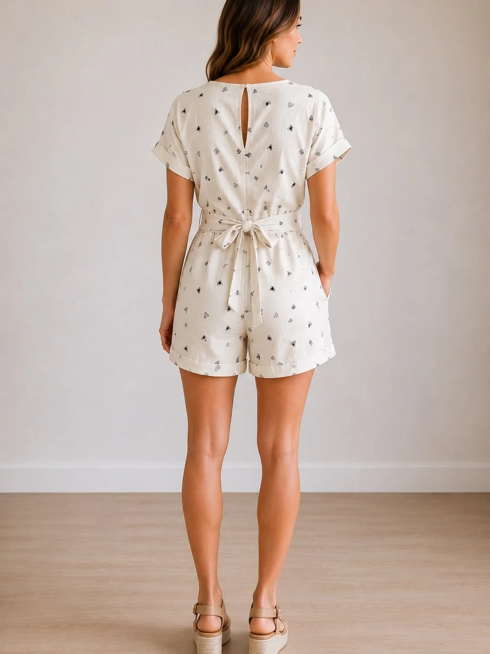 Cream Short Sleeve Romper with Small Triangle Print